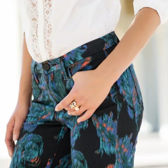 HP! NWT Marchesa Voyage Peacock Feather Print Boho Ankle Cropped Skinny Jeans - Picture 2 of 13